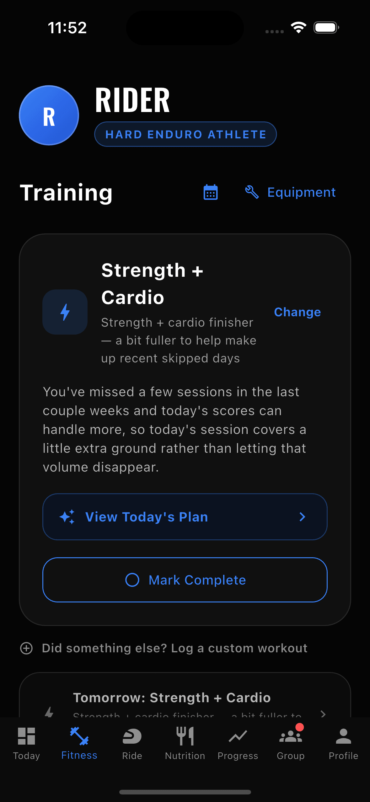 Fitness screen showing today's strength and cardio training plan