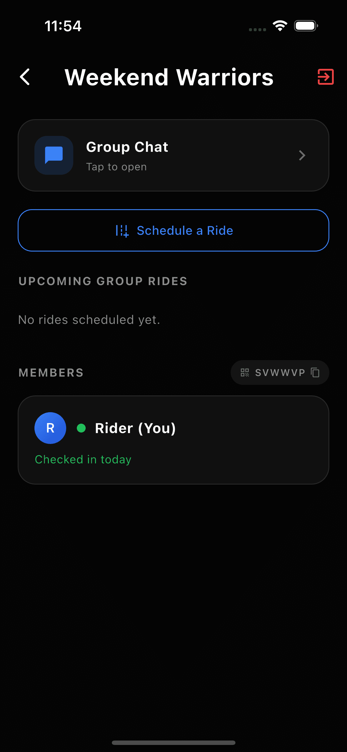 Group screen showing group chat and scheduled rides for a riding crew