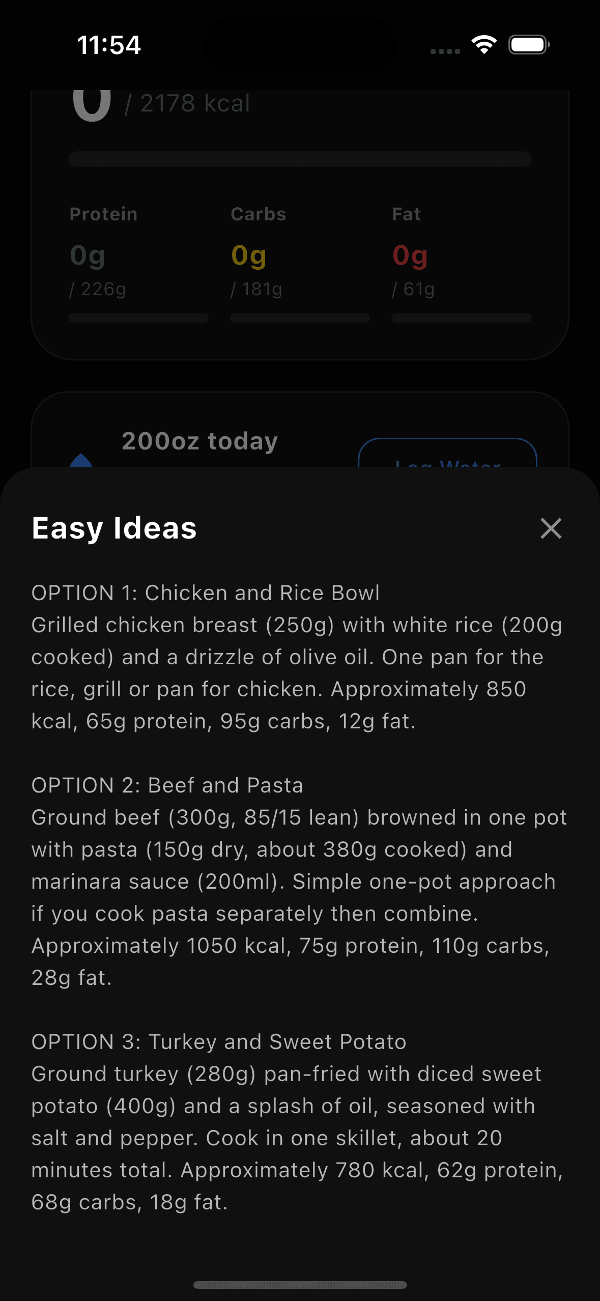Nutrition screen showing easy meal ideas with macros