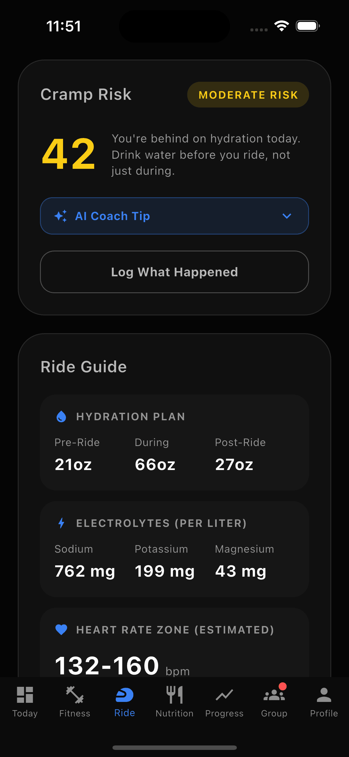 Ride screen showing cramp risk score and a hydration and electrolyte ride guide