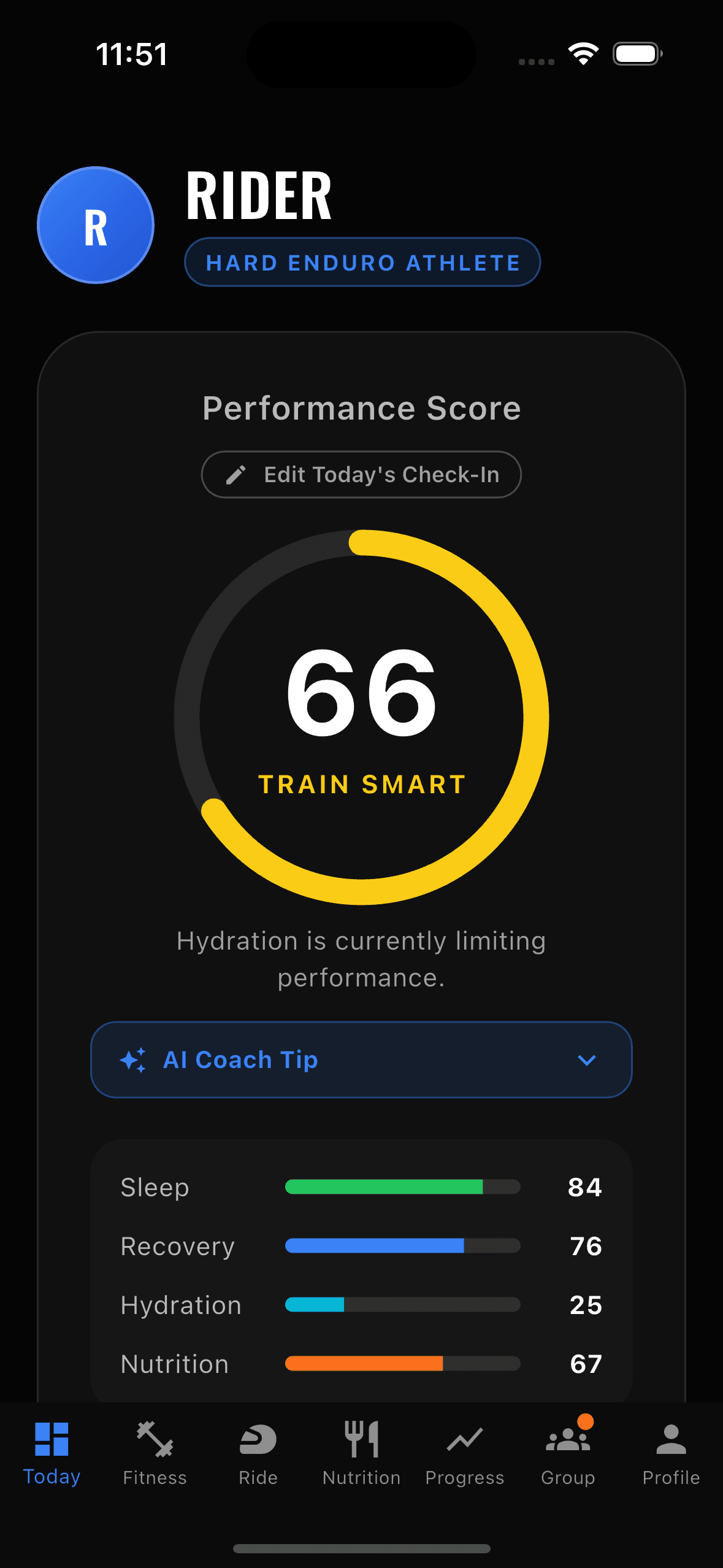 Today screen showing performance score, sleep, recovery, hydration, and nutrition
